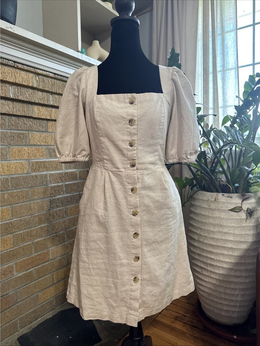 Old Navy Linen Blend Mini Dress Womens XS Beige Puff Sleeve Button Cottagecore